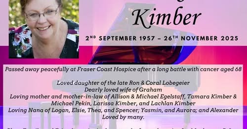 Marlene Janice Kimber Fraser Coast Hospice – The passing of Marlene Janice Kimber has left the Fraser Coast community heartbroken, as her courage, warmth, and kindness inspired countless lives